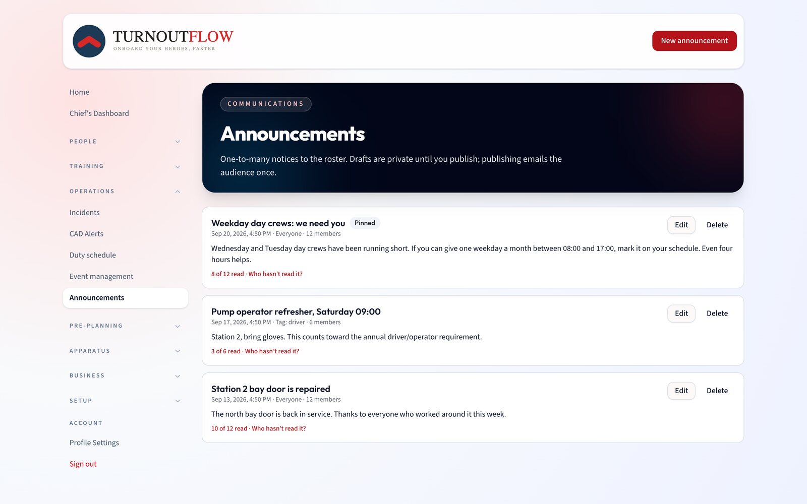 Announcements list with audience, pinned notice, and how many members have read each one