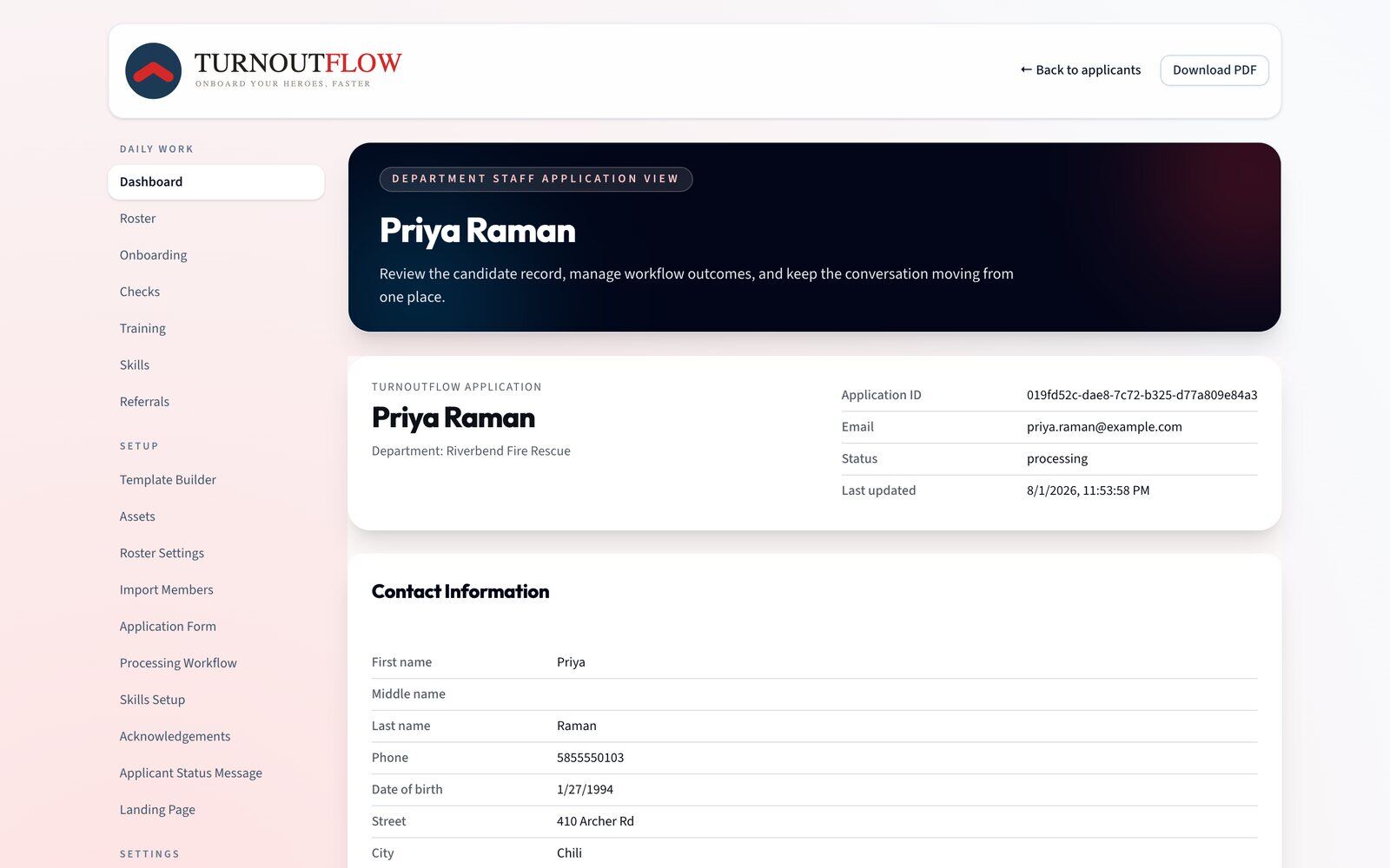 Full applicant record with profile summary and contact details