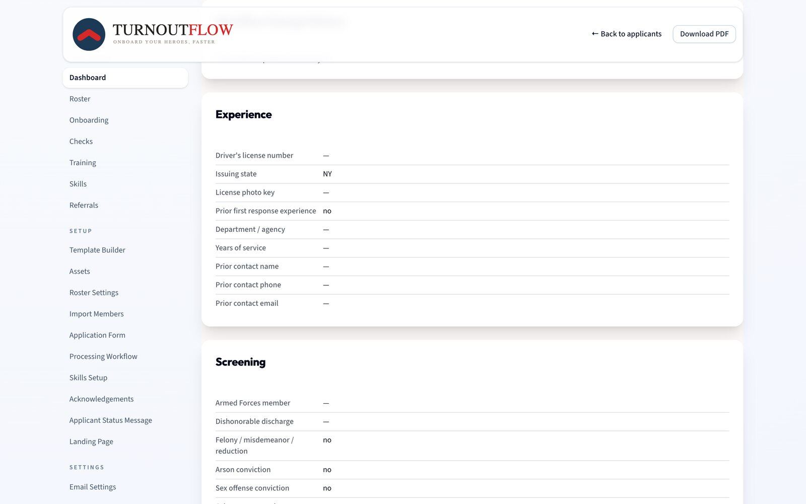 Applicant workflow panel with stage tracking and staff messaging