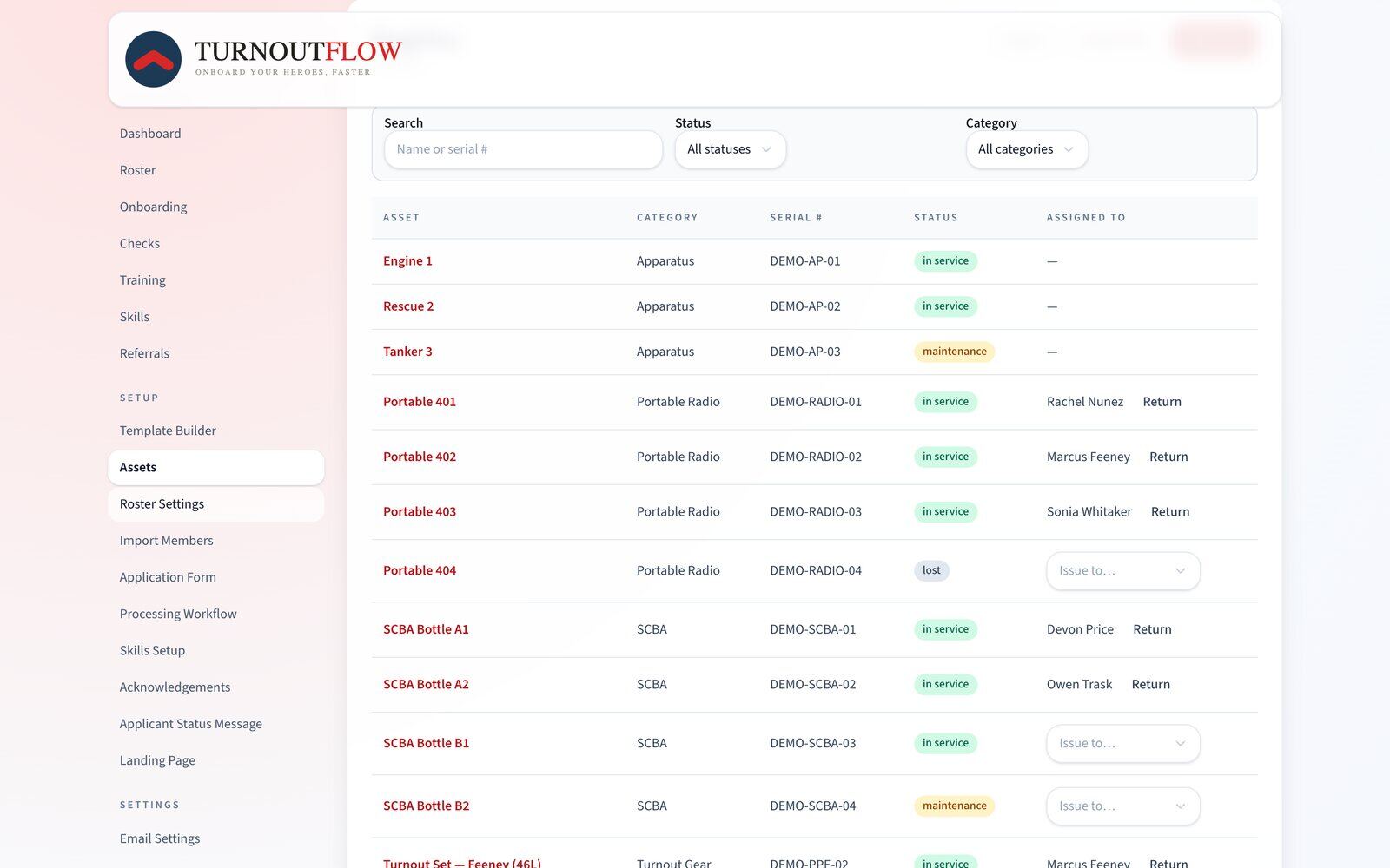 Searchable asset registry table with categories, serial numbers, and statuses