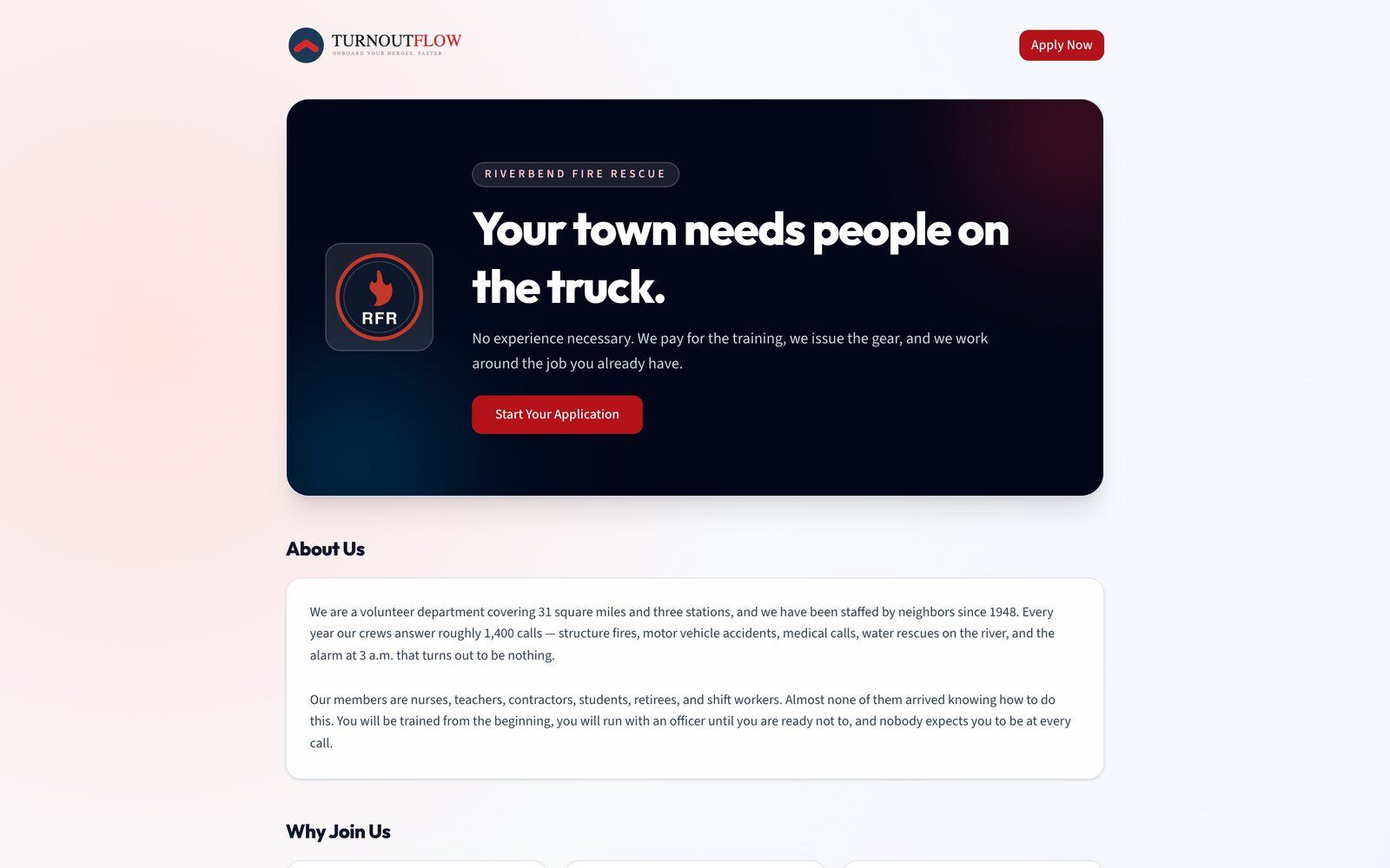 Public department landing page with a call to action to start an application