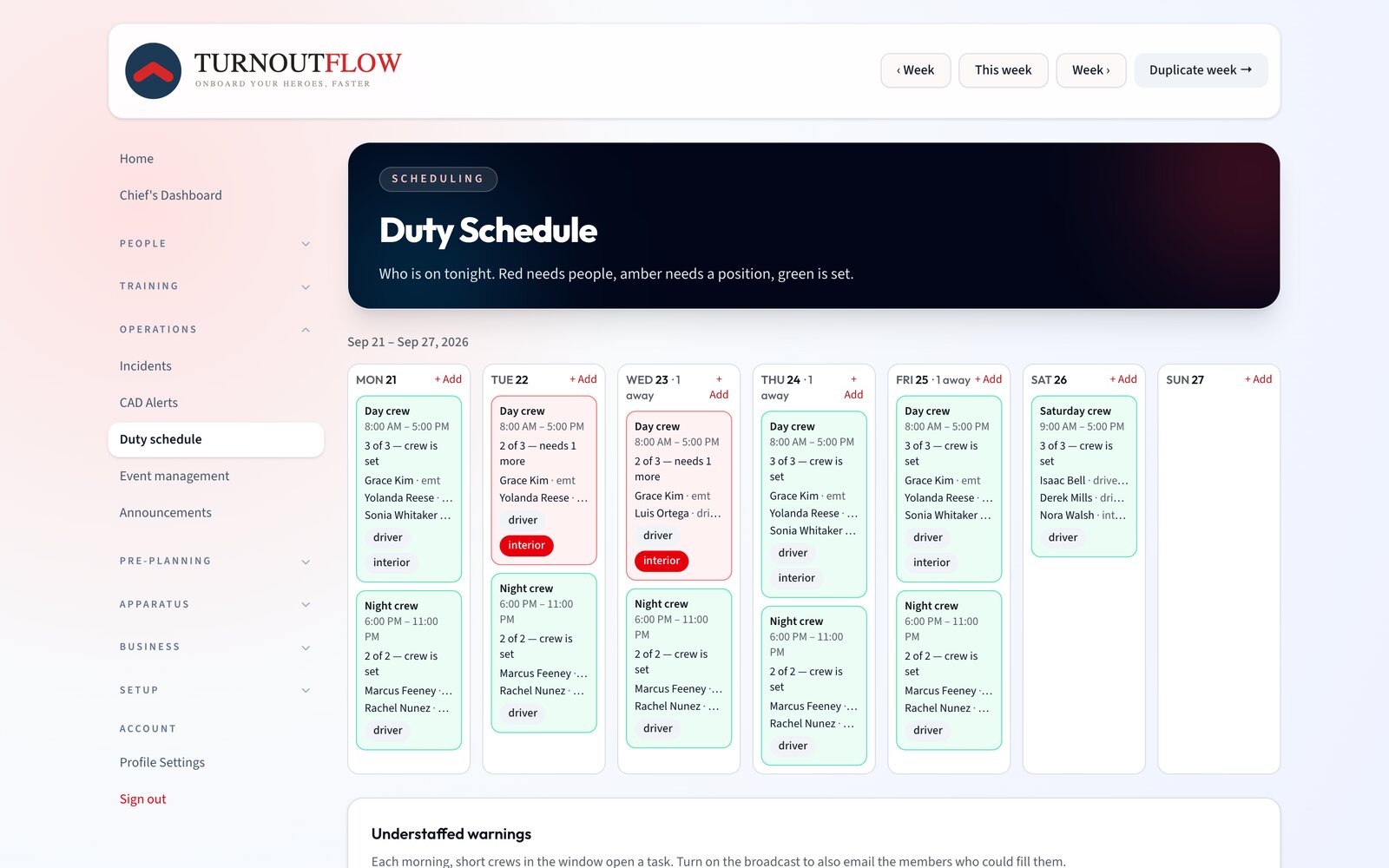 Duty schedule week grid showing crews by day, staffing counts, required positions, and members away