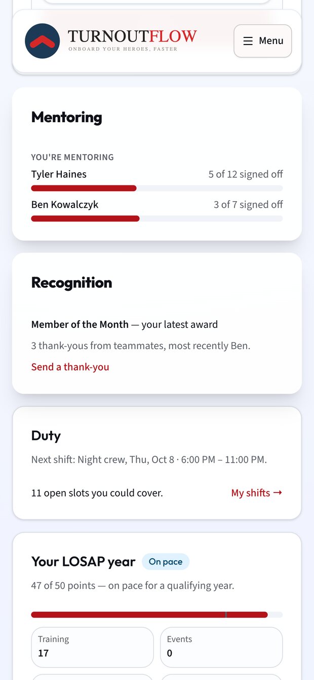 Member home page on a phone with a Mentoring card showing two recruits' task books at 5 of 12 and 3 of 7 signed off, a Recognition card with three thank-yous from teammates, and the member's next duty shift