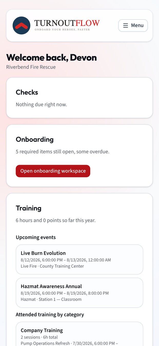 Member portal home on a phone showing checks due, onboarding, and training hours