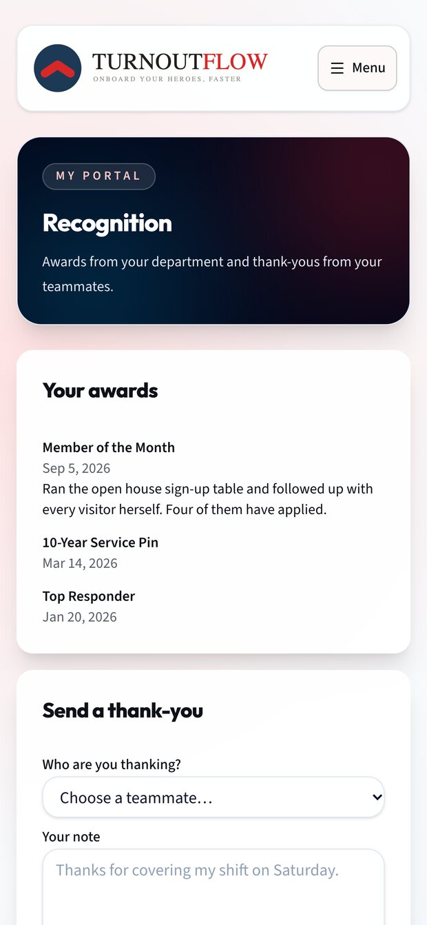 A member's Recognition page on a phone listing their awards, Member of the Month with its citation, a 10-Year Service Pin, and Top Responder, above a form to send a teammate a thank-you