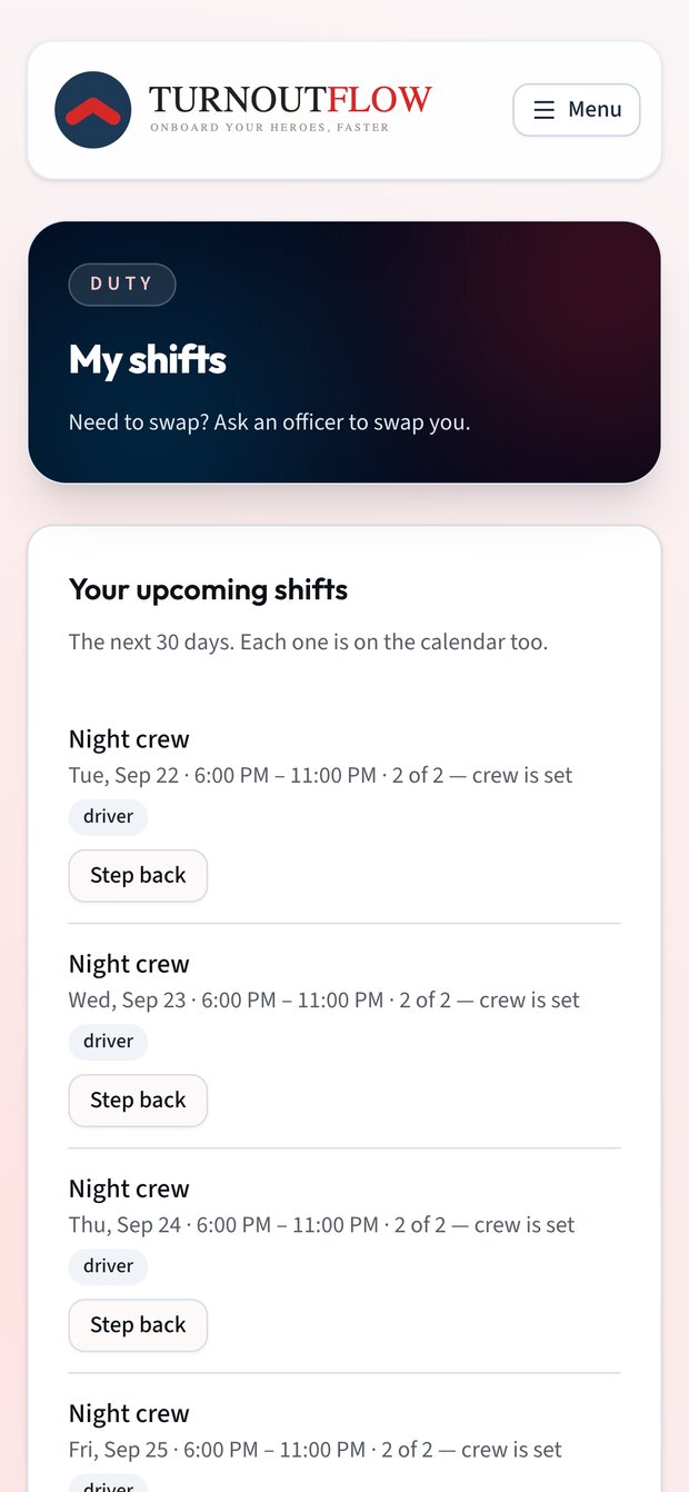 Member app on a phone listing upcoming shifts and open duty slots to sign up for