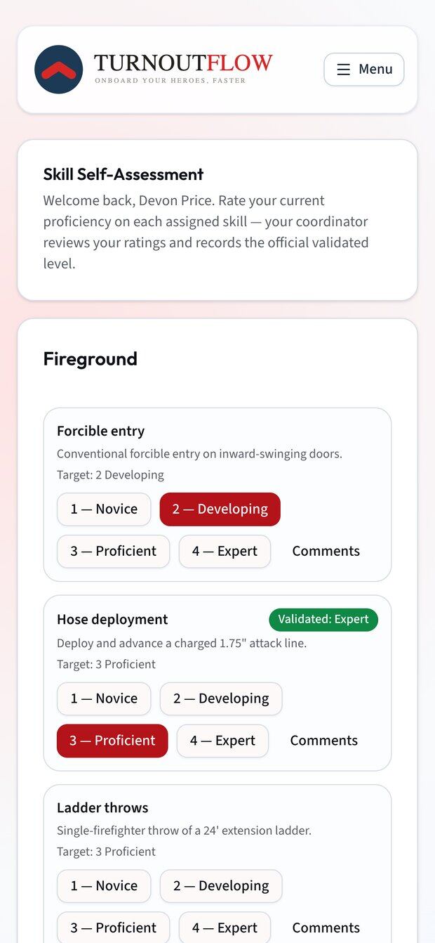 Member skill self-assessment screen with proficiency levels per skill