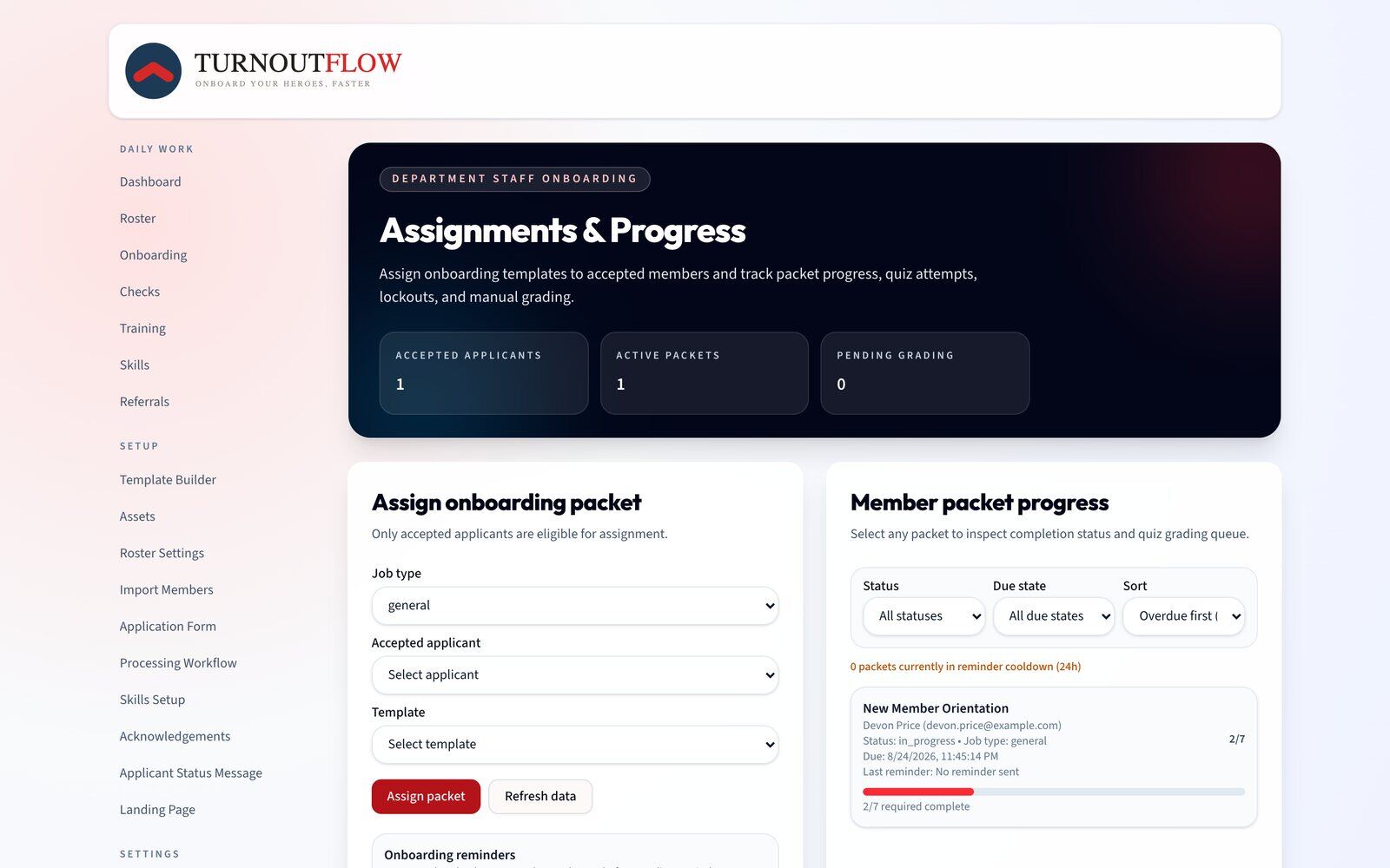 Onboarding assignments and progress workspace with packet completion and grading queue