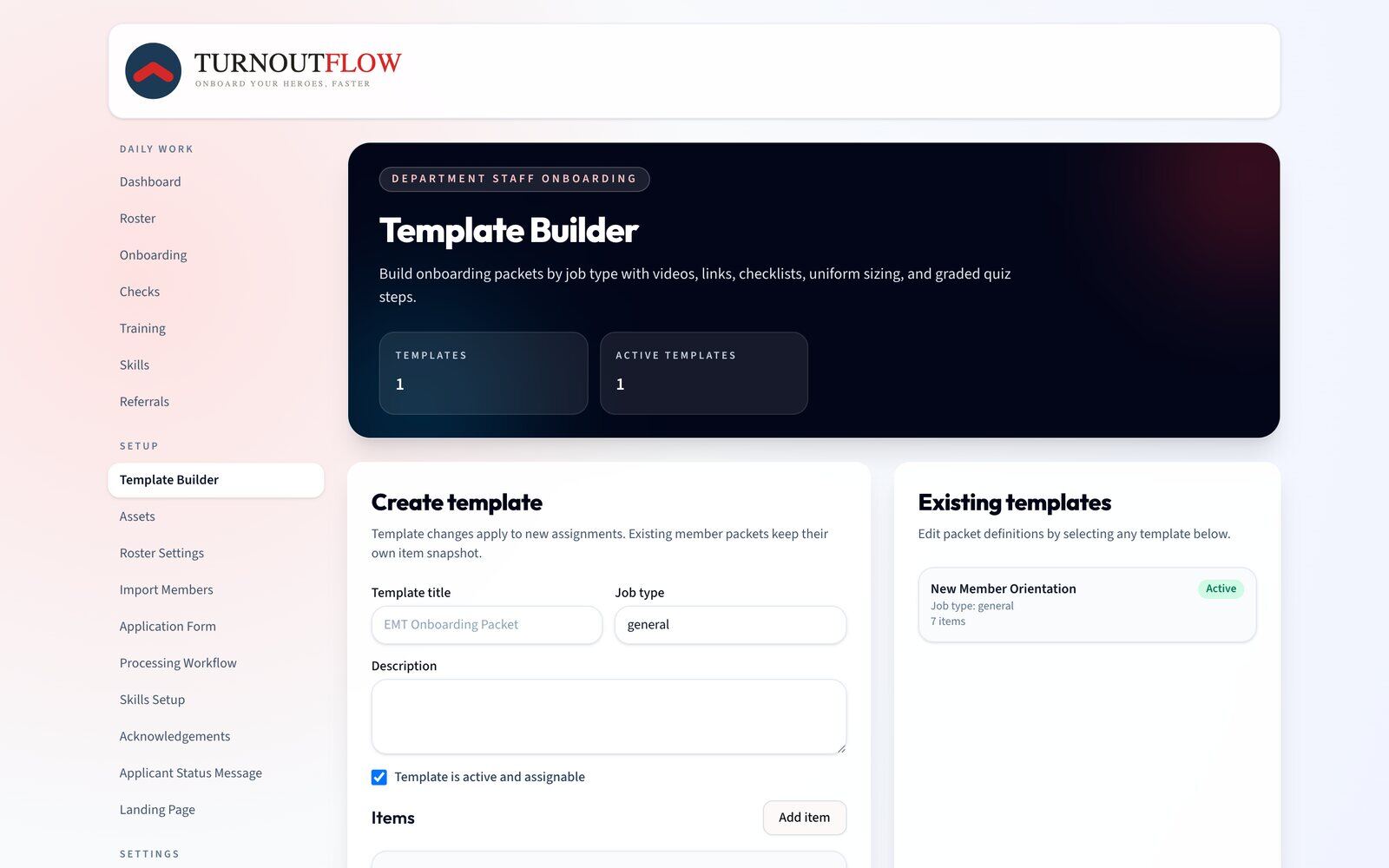 Onboarding template builder listing packet items and their types