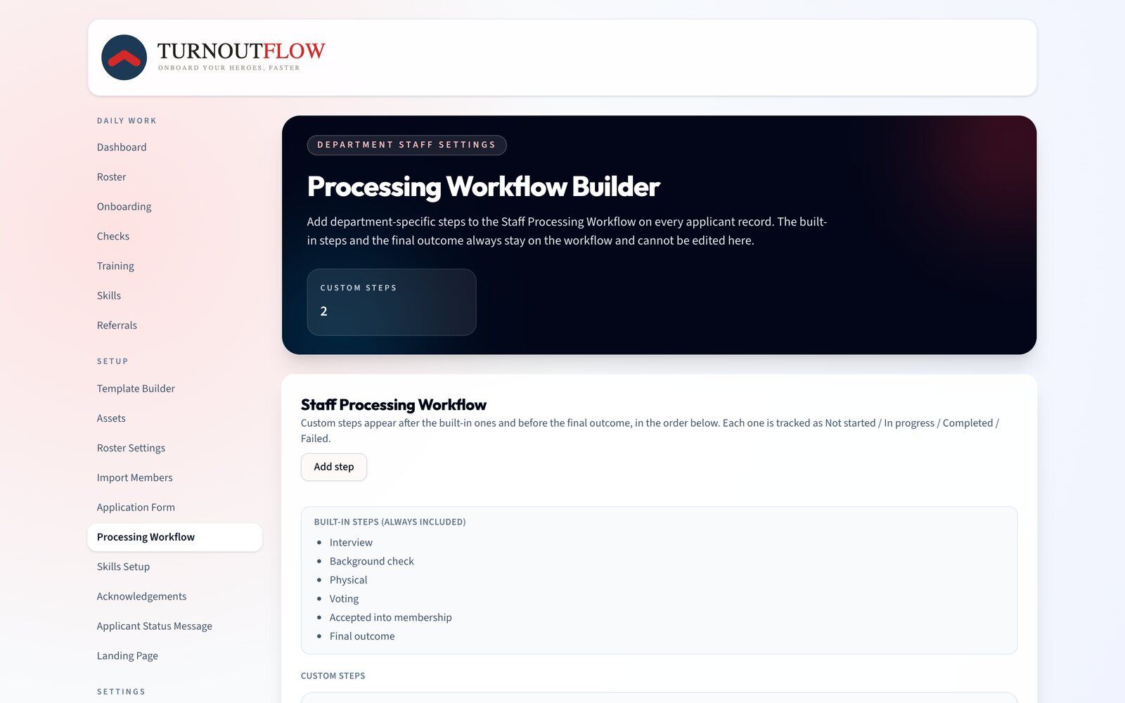 Processing workflow configuration listing the department review stages