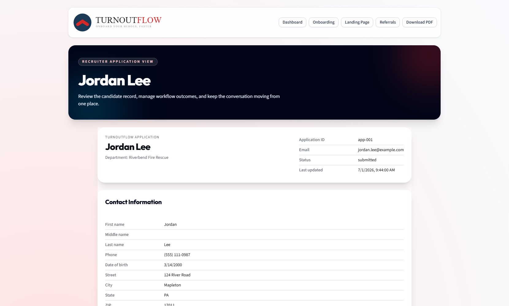 Department staff application view with candidate profile summary and contact details