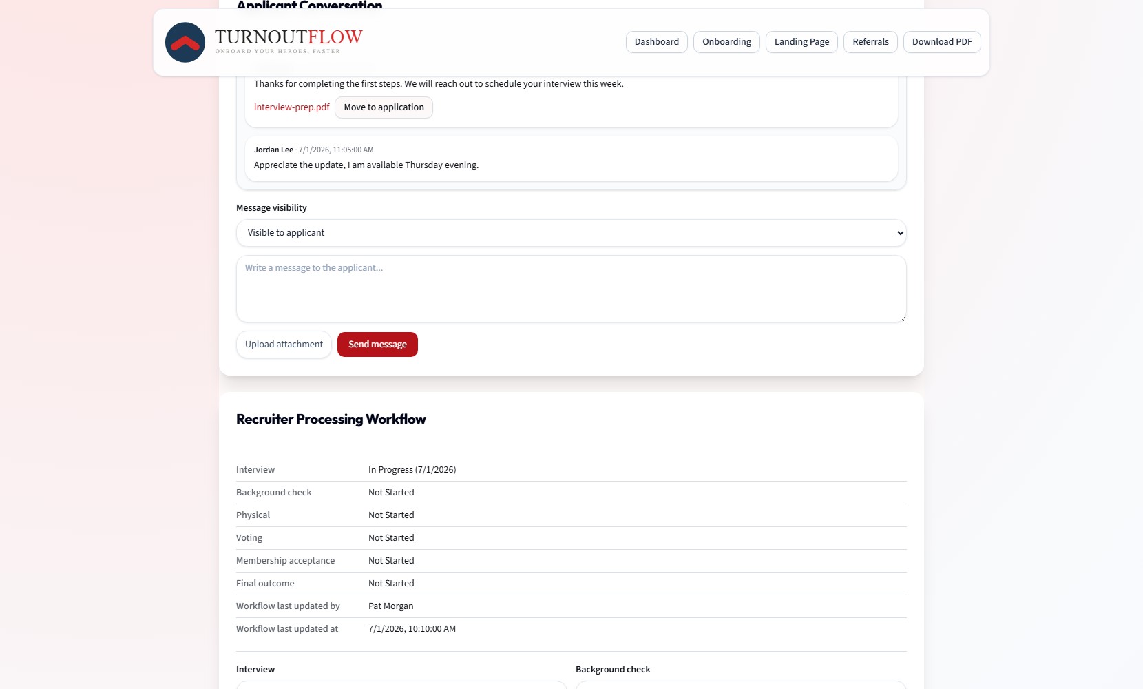 Department staff application workflow panel with messaging and processing stages