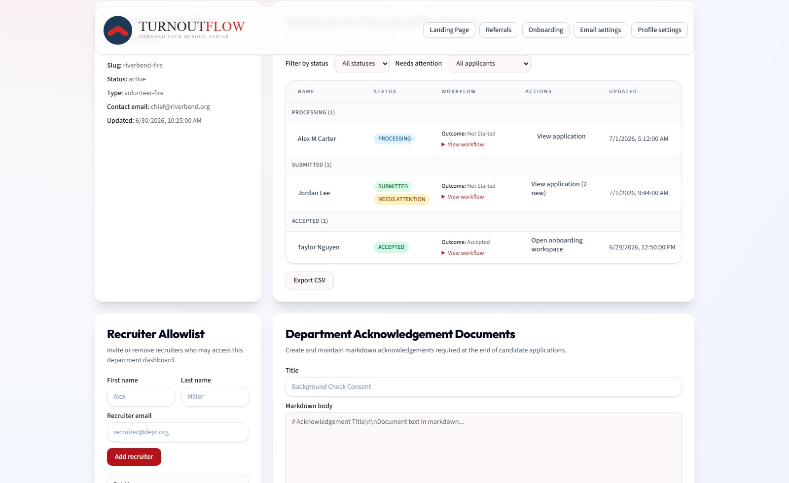 Logged-in department staff dashboard pipeline table with status filters and applicant workflow actions