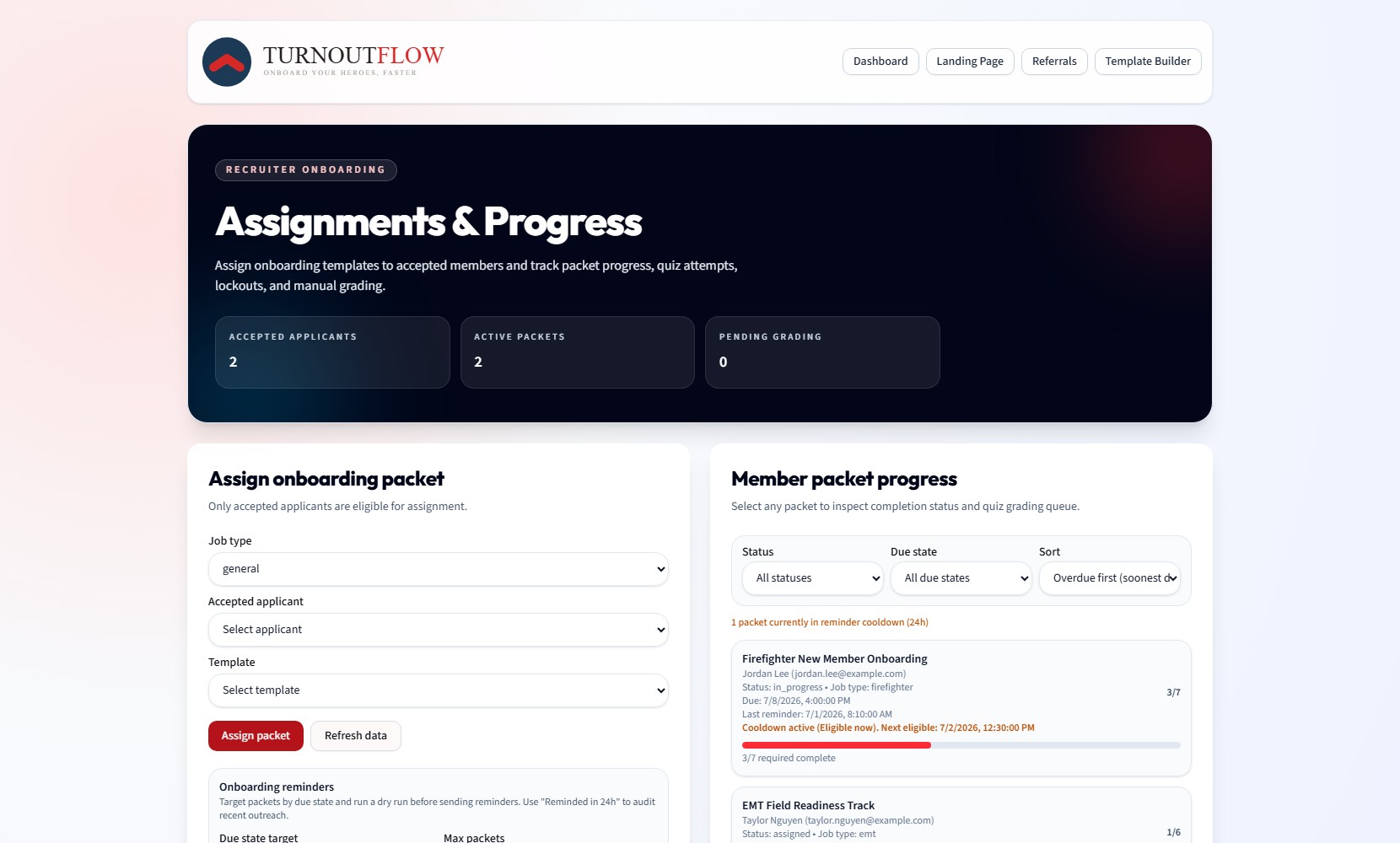 Department staff onboarding progress workspace showing packet assignment and member progress tracking