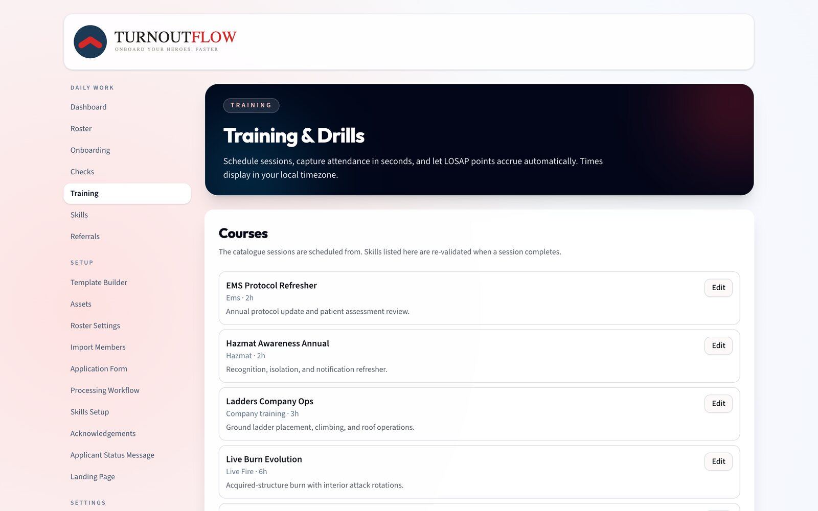 Training and drills page with the course catalogue and session scheduling