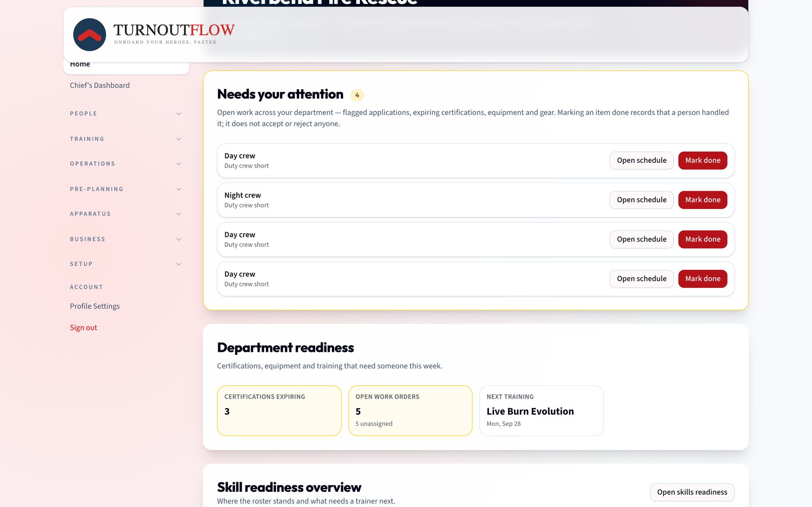 Staff home screen listing duty crews that are short, each with a link to the schedule